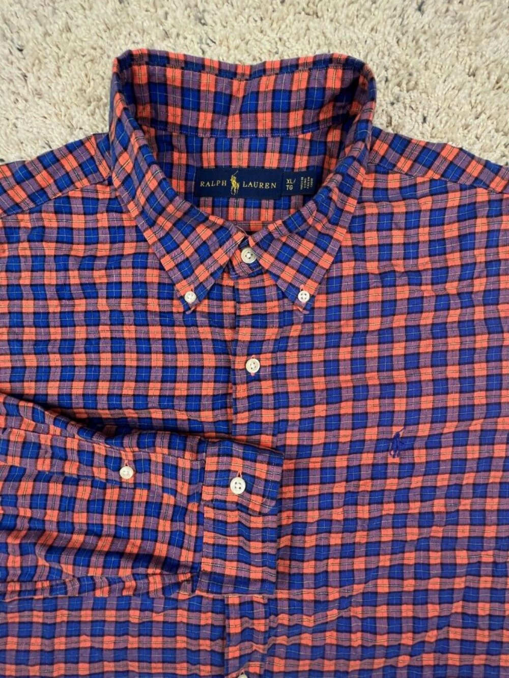 Ralph Lauren Button Up Shirt Cotton Adult Size XL Orange Blue Plaid L/S w Pony